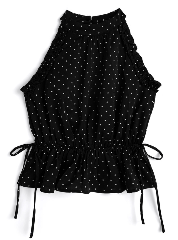 ドット柄サイドリボンアメスリフリルブラウス