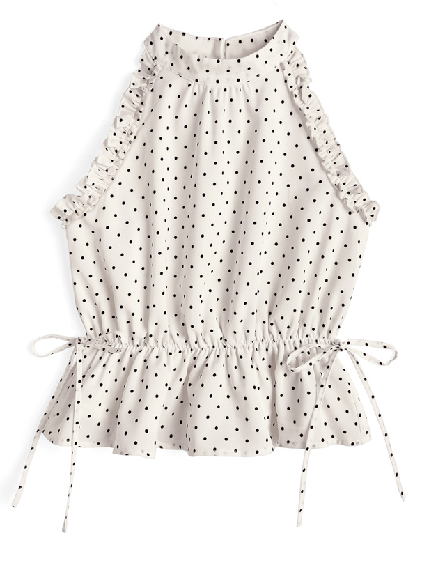 ドット柄サイドリボンアメスリフリルブラウス