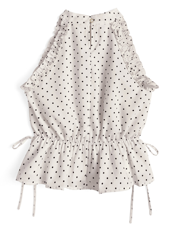 ドット柄サイドリボンアメスリフリルブラウス