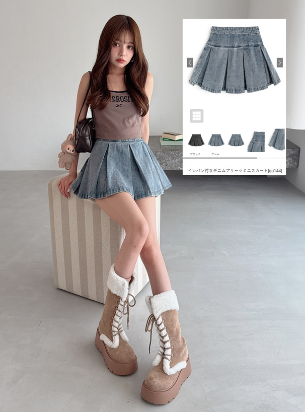 インパン付きデニムプリーツミニスカート