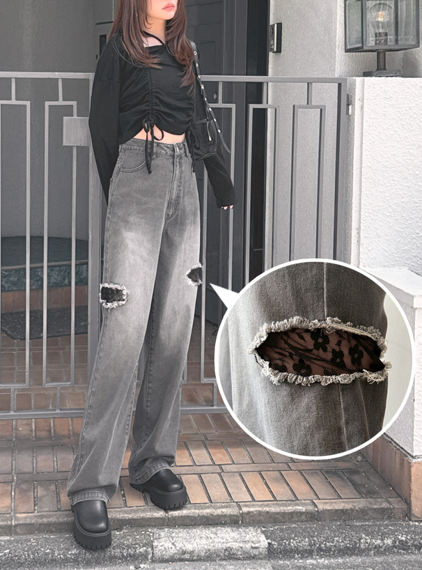 サイドカッティングレースデニムパンツ[qu146] | レディース