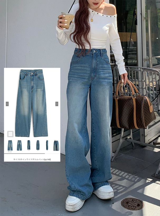 サイドVラインワイドデニムパンツ[qu148] | レディースファッション