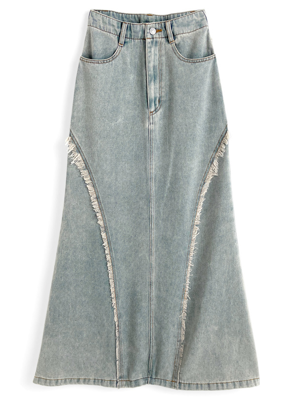 フリンジ切替デニムロングスカート[qu149]