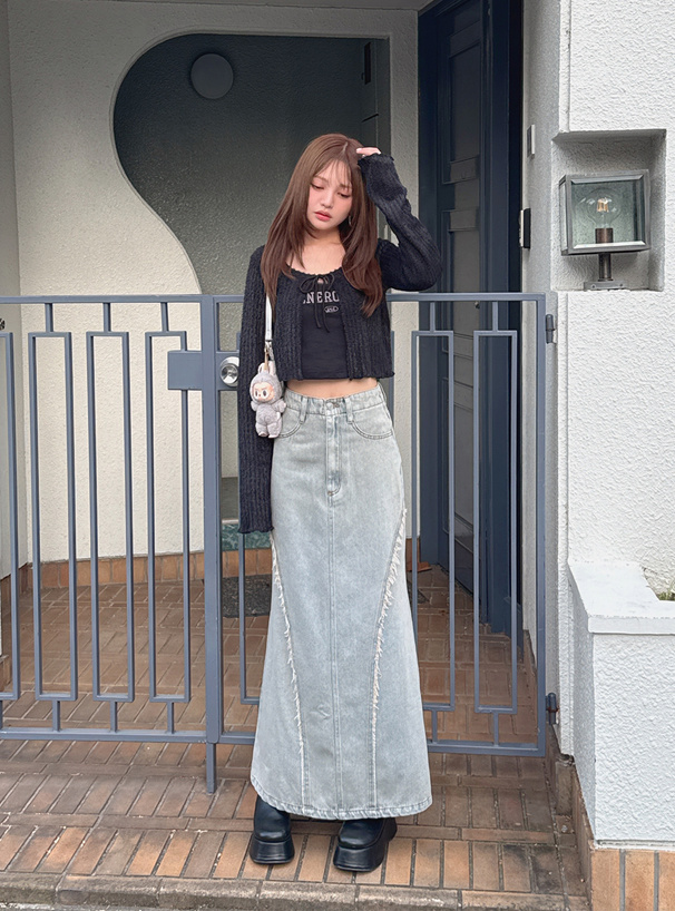 フリンジ切替デニムロングスカート[qu149] | レディースファッション