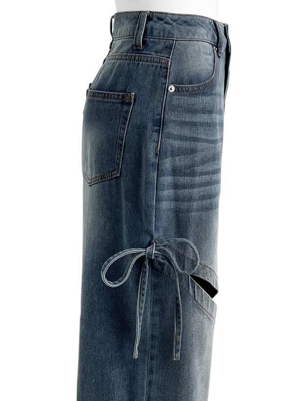 カットアウトリボンワイドデニムパンツ