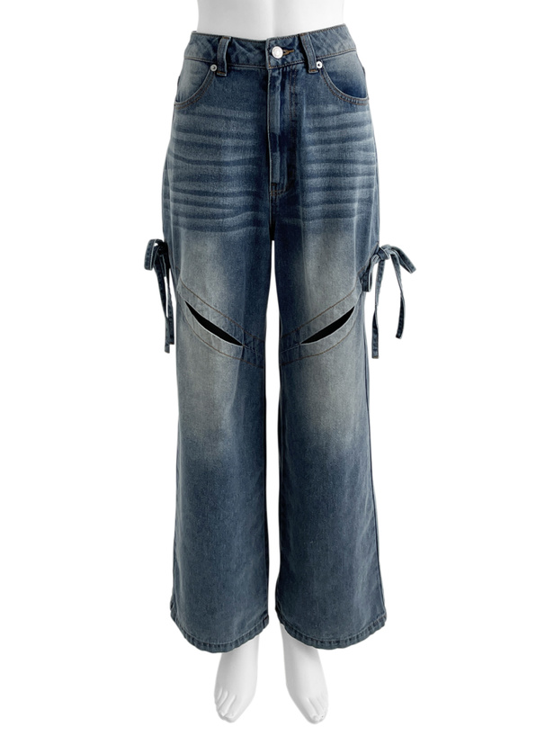 カットアウトリボンワイドデニムパンツ