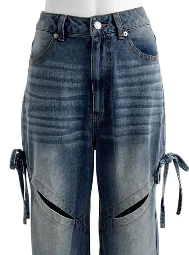 カットアウトリボンワイドデニムパンツ