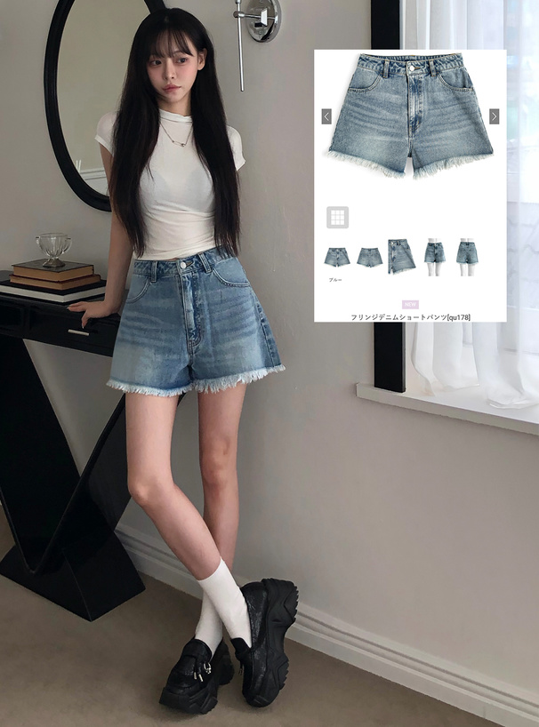フリンジデニムショートパンツ