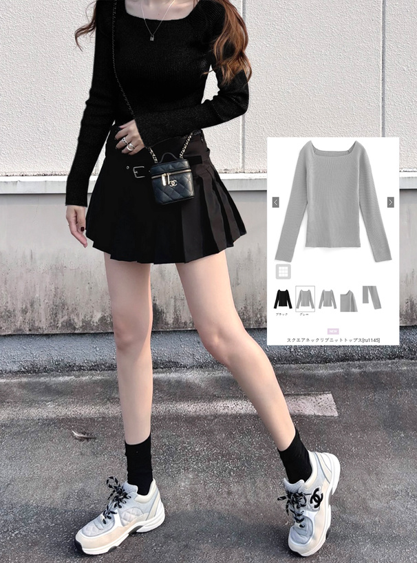 スクエアネックリブニットトップス