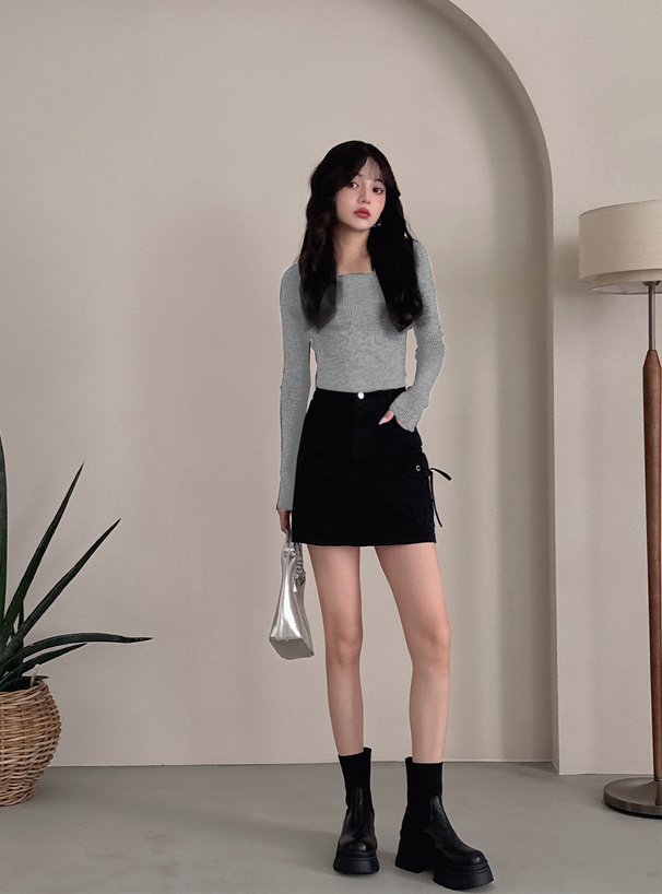 スクエアネックリブニットトップス