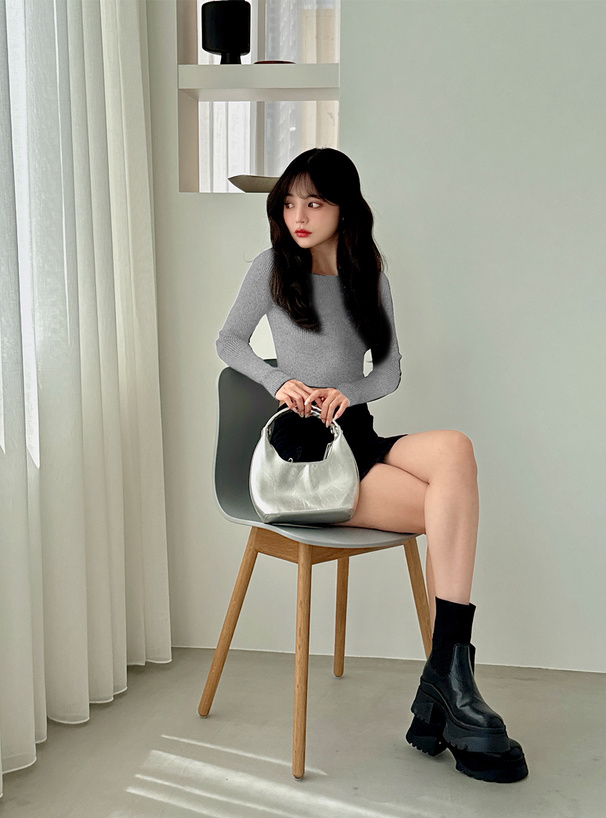 スクエアネックリブニットトップス