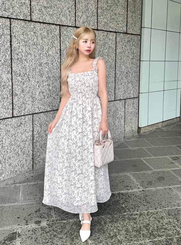 フリルショルダー花柄フレアワンピース