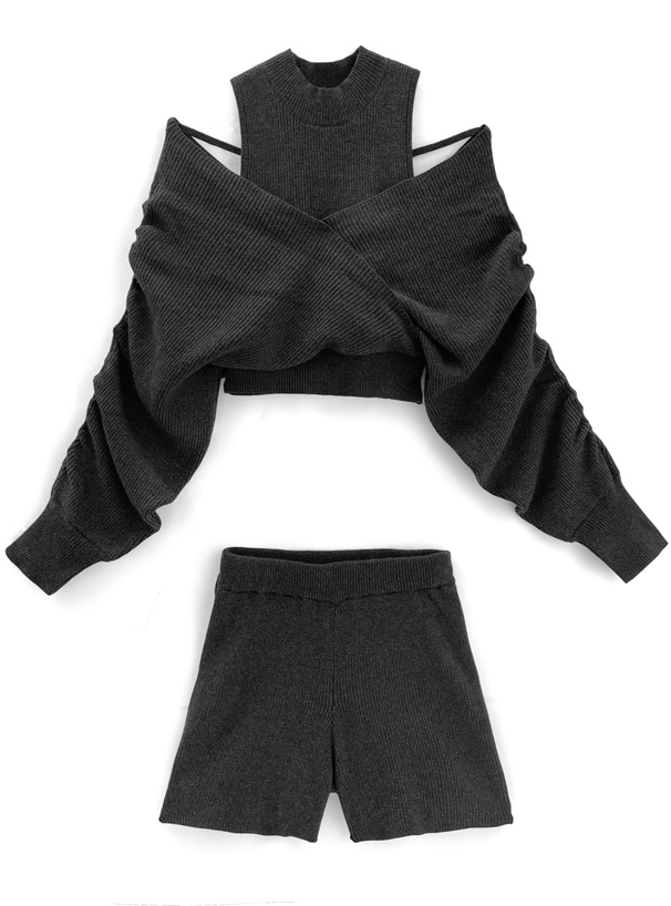 ギャザーカシュクールトップス×ショートパンツニットセットアップ