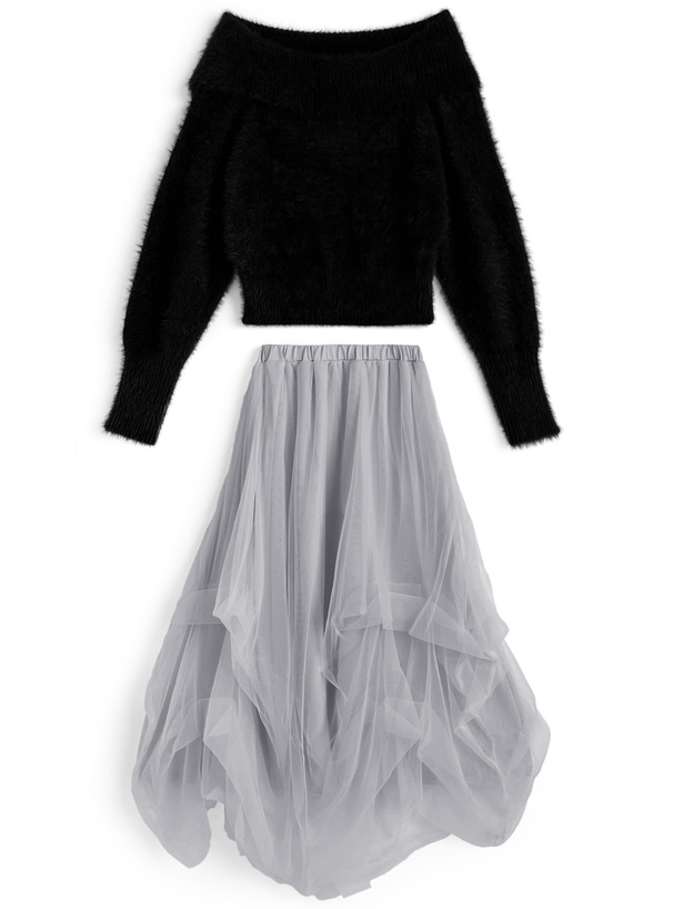 オフショルシャギーニットトップス×チュールスカートセットアップ