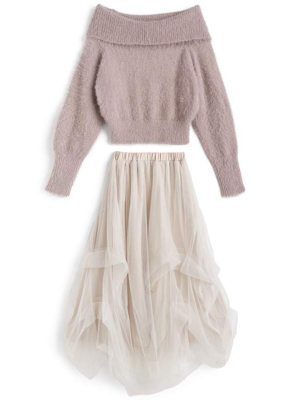 オフショルシャギーニットトップス×チュールスカートセットアップ