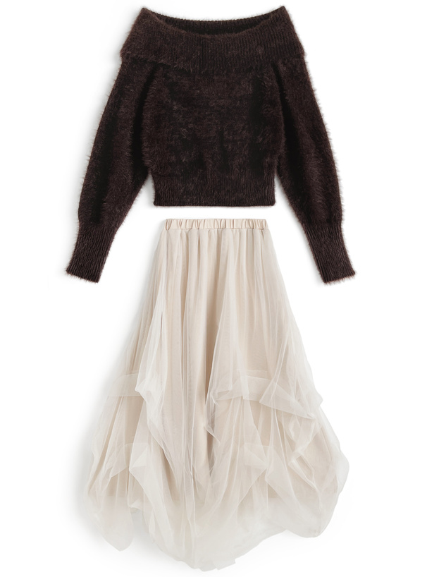 オフショルシャギーニットトップス×チュールスカートセットアップ