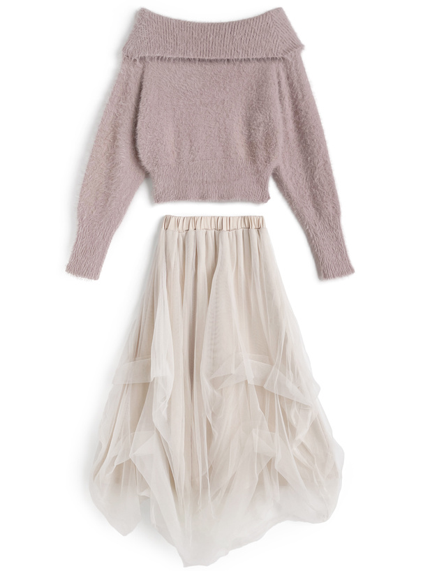 オフショルシャギーニットトップス×チュールスカートセットアップ