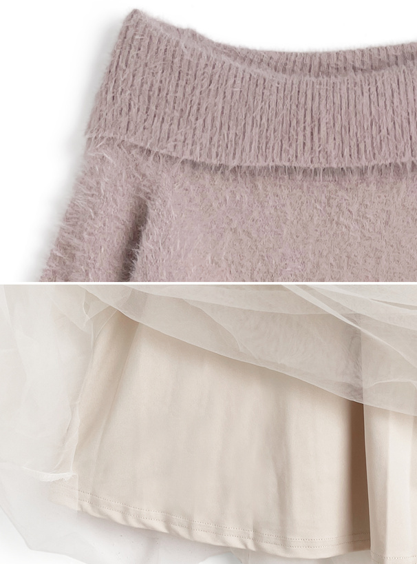 オフショルシャギーニットトップス×チュールスカートセットアップ
