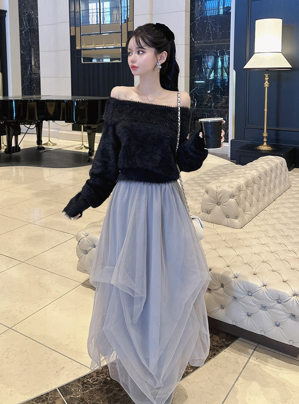 オフショルシャギーニットトップス×チュールスカートセットアップ