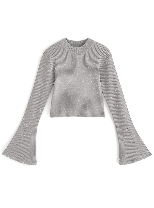 ラメニットフレアスリーブショート丈トップス