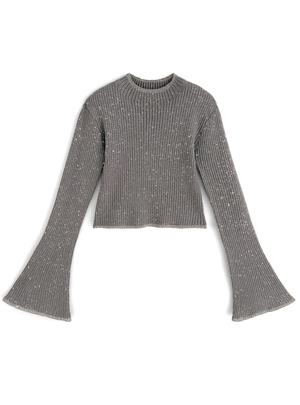 ラメニットフレアスリーブショート丈トップス