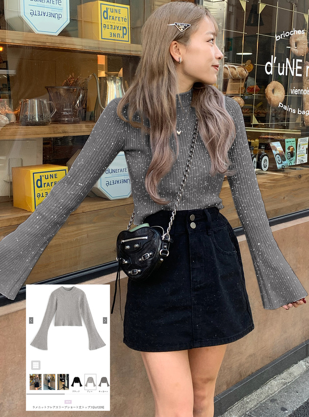 ラメニットフレアスリーブショート丈トップス[ru1209] | レディース