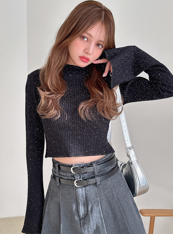 ラメニットフレアスリーブショート丈トップス[ru1209] | レディース