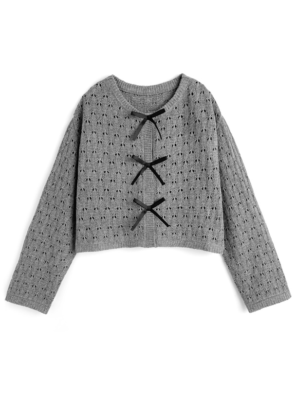 トリプルリボン透かし編みニットカーディガン[ru1216]