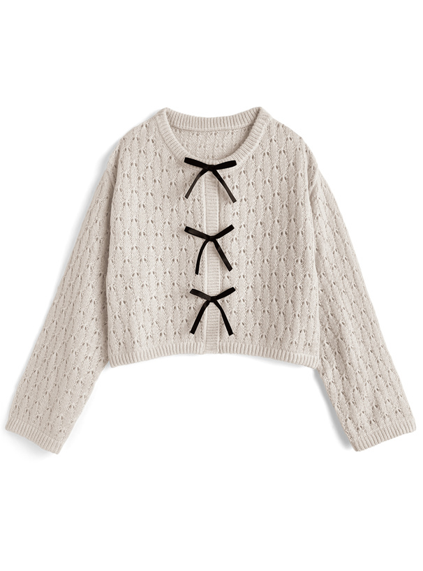 トリプルリボン透かし編みニットカーディガン