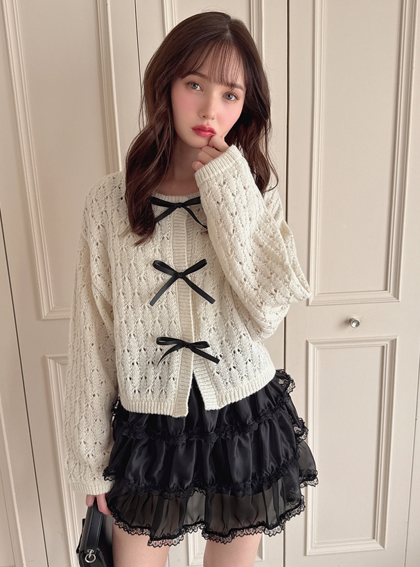 トリプルリボン透かし編みニットカーディガン[ru1216] | レディース