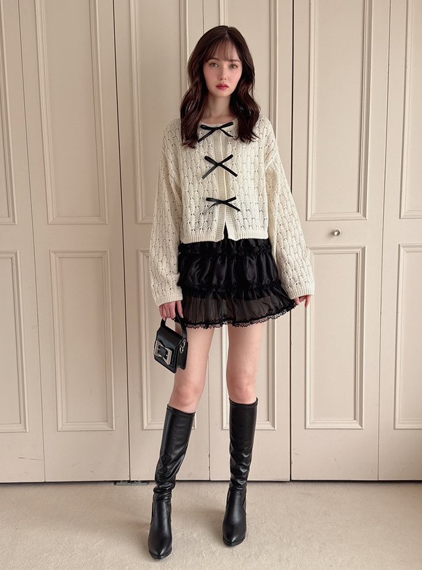 トリプルリボン透かし編みニットカーディガン