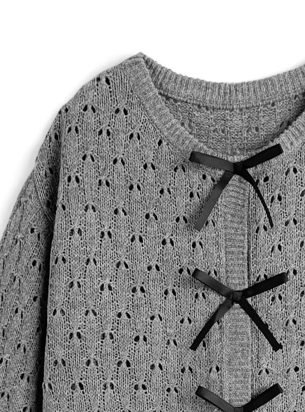 トリプルリボン透かし編みニットカーディガン