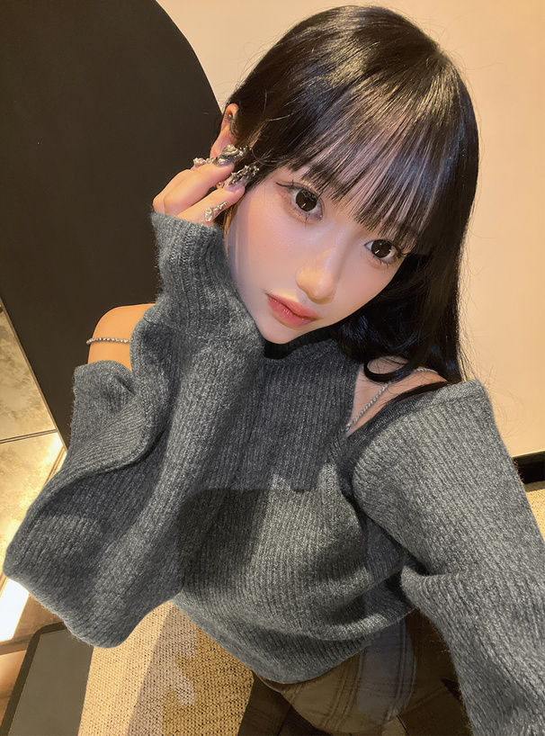 ストラップ付きショルダーオープンニットトップス