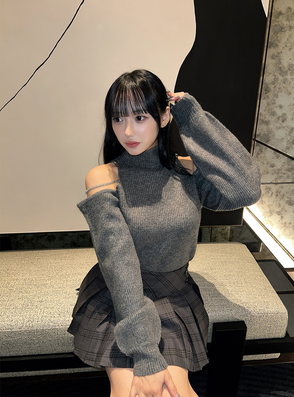 ストラップ付きショルダーオープンニットトップス