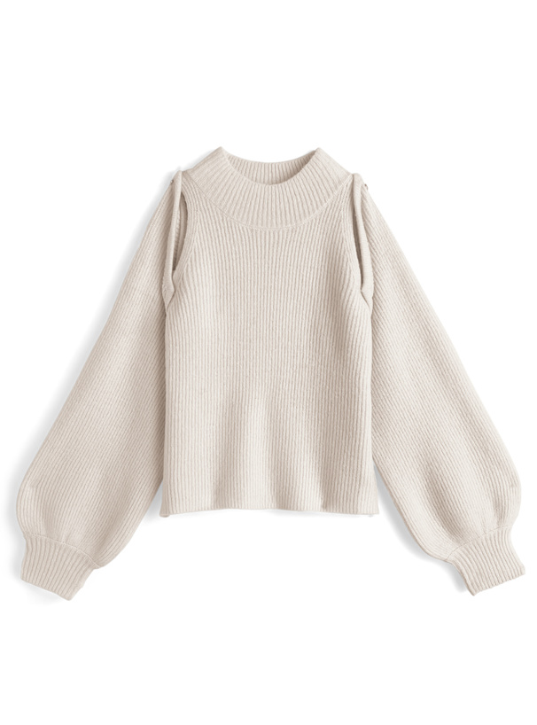 ストラップ付きショルダーオープンニットトップス