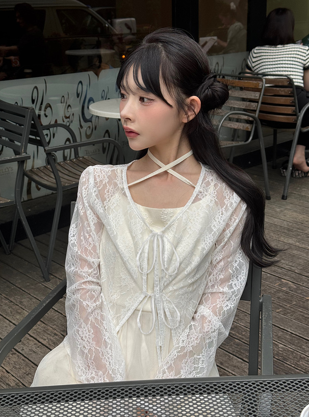 花柄レースショート丈リボンカーディガン