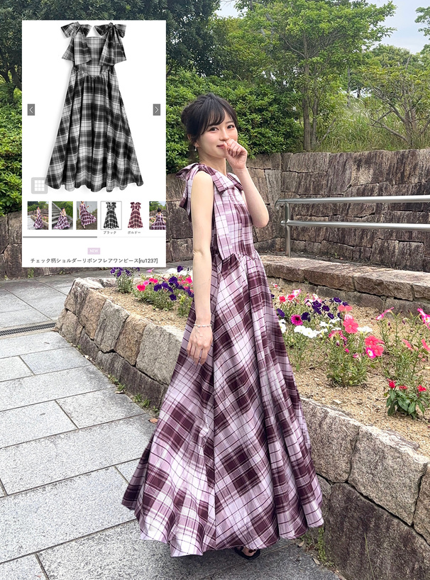 チェック柄ショルダーリボンフレアワンピース