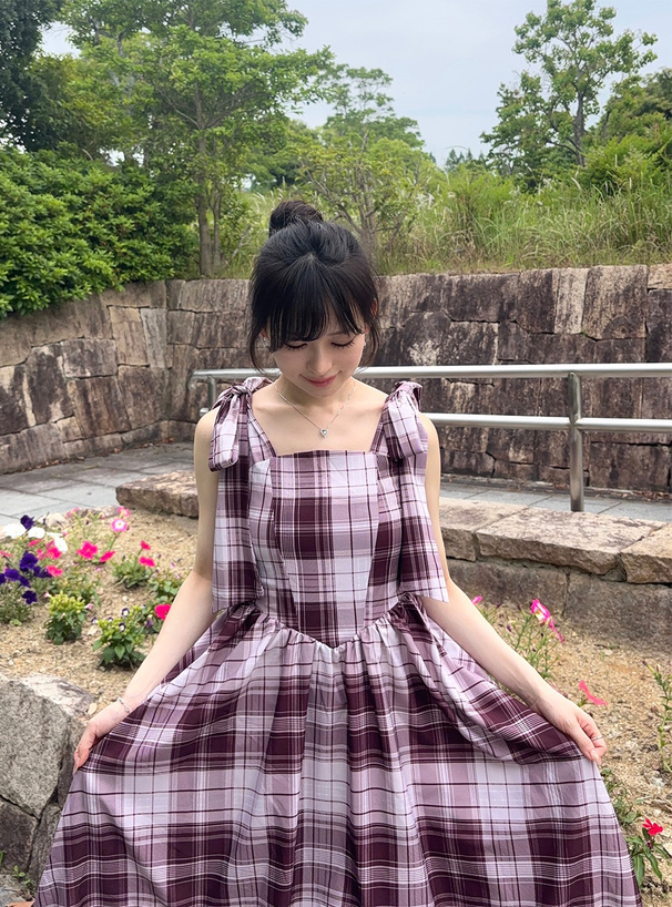 チェック柄ショルダーリボンフレアワンピース