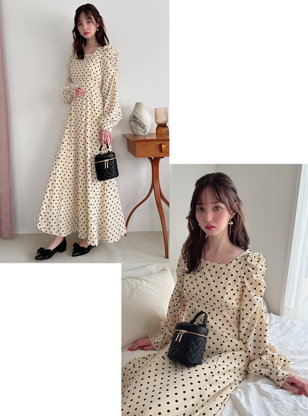 ドット柄パワーショルダーフレアワンピース
