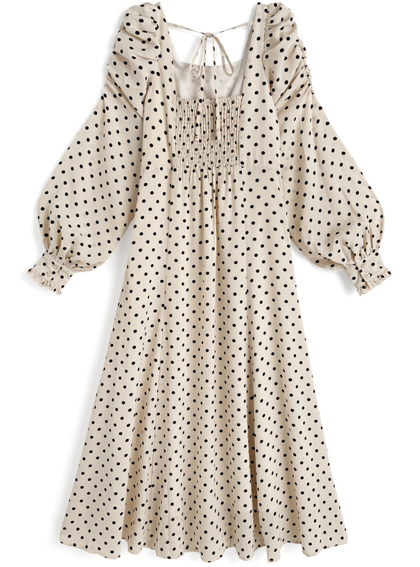 ドット柄パワーショルダーフレアワンピース