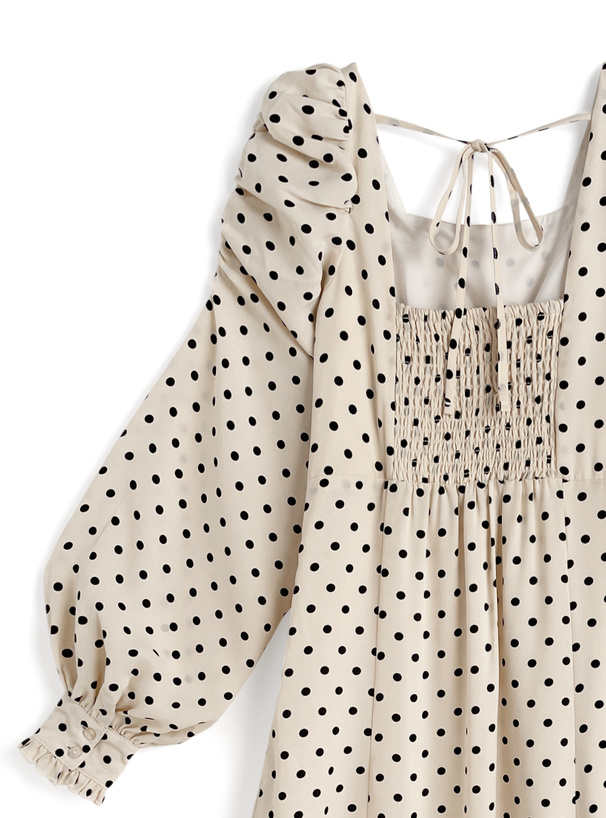 ドット柄パワーショルダーフレアワンピース