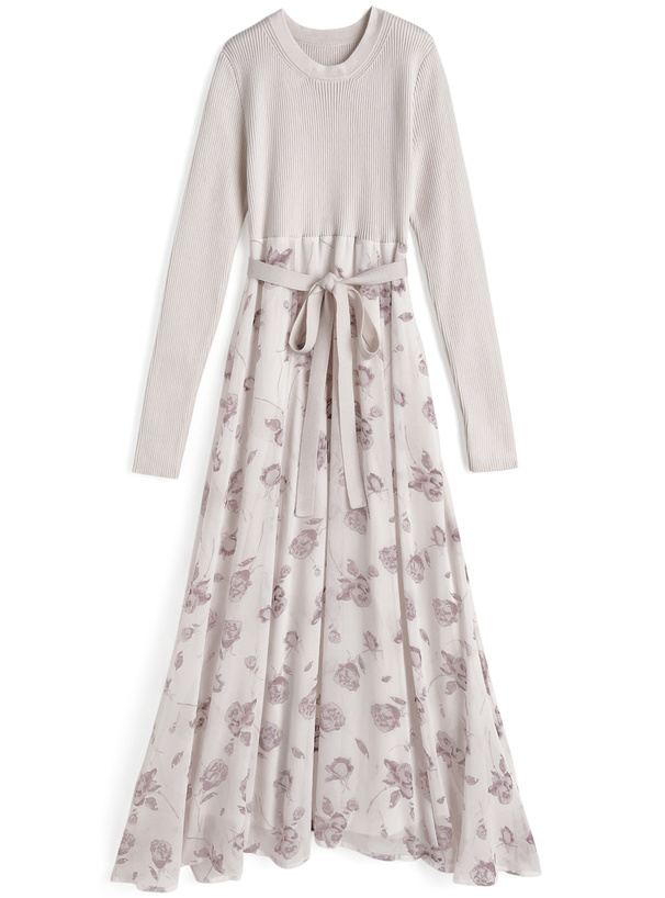 リボンベルト付きニットドッキング花柄ワンピース
