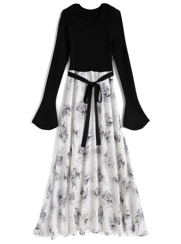 リボンベルト付きリブニットドッキング花柄フレアワンピース[ru1256]