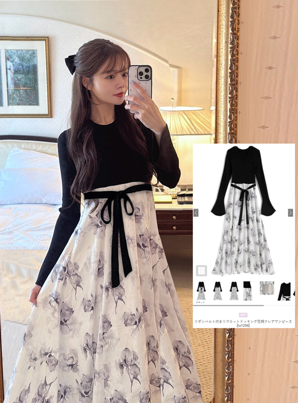 リボンベルト付きリブニットドッキング花柄フレアワンピース[ru1256