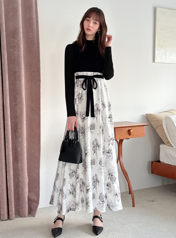 リボンベルト付きリブニットドッキング花柄フレアワンピース[ru1256