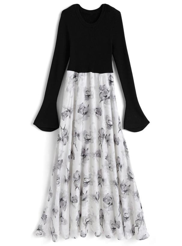 リボンベルト付きリブニットドッキング花柄フレアワンピース[ru1256