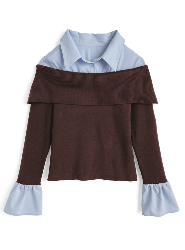 シャツドッキングオフショルダーニットトップス