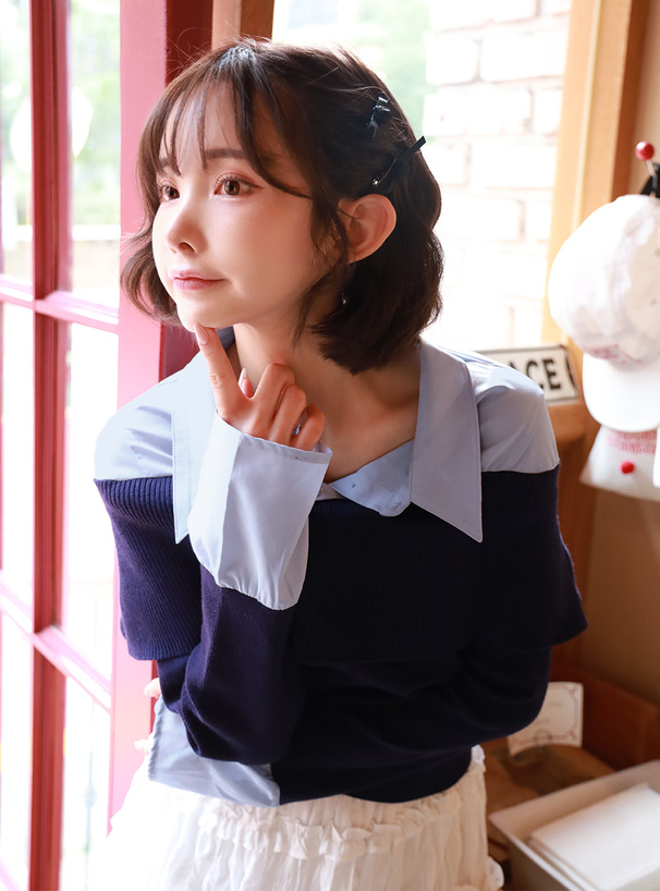 シャツドッキングオフショルダーニットトップス