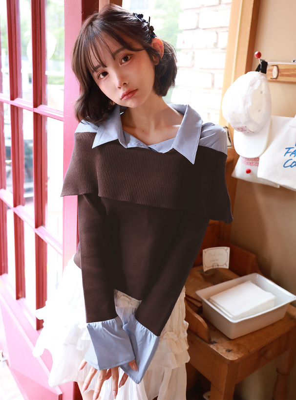 シャツドッキングオフショルダーニットトップス