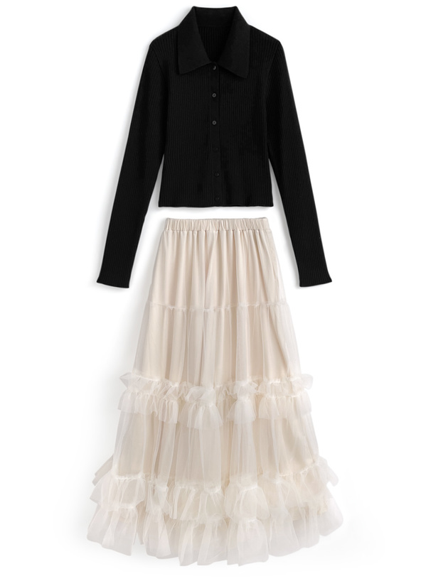 襟付きリブニットカーデガン×チュールスカートセットアップ